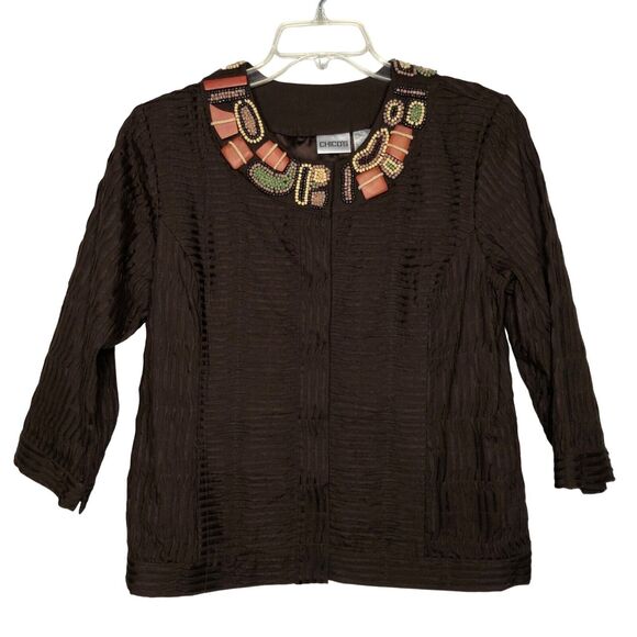Chico’s Wms Large Brown Pin Tuck Tribal Jacket Shacket Beaded Neckline Career - Picture 1 of 12